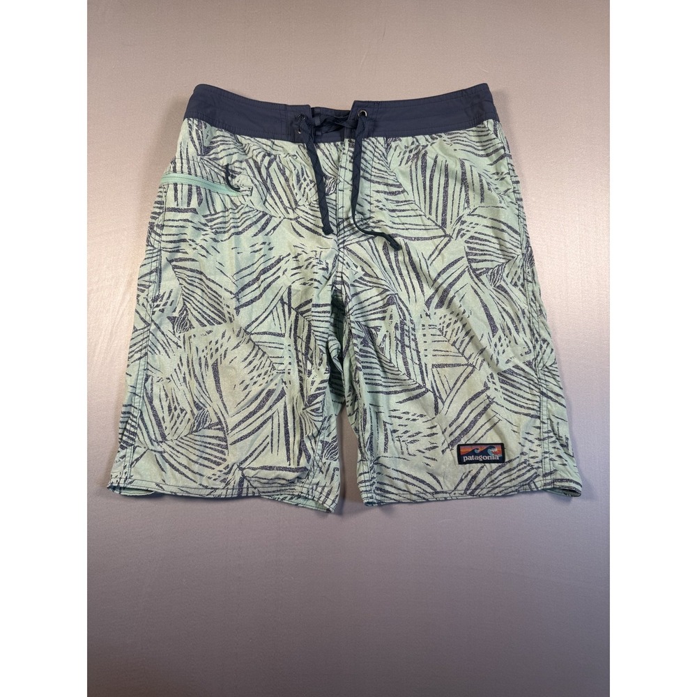 Patagonia Board Shorts Mens Large Green Leaf Print Swim Trunks Drawstring Pocket